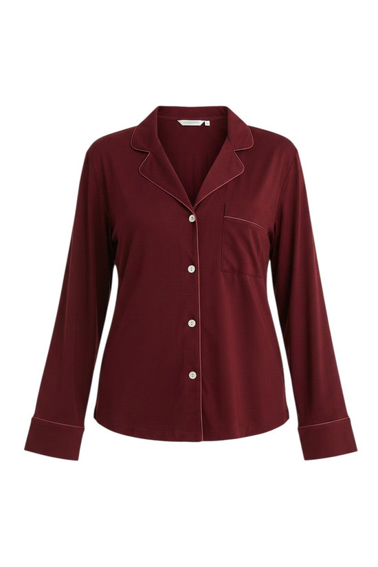 Chillpjs maroon soft linen pajama shirt with long sleeves, notch lapel collar, and front button closure.