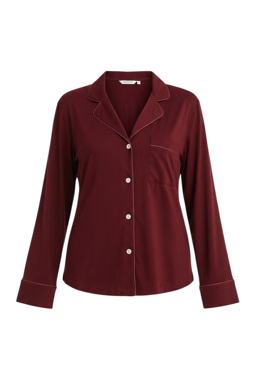 Chillpjs maroon soft linen pajama shirt with long sleeves, notch lapel collar, and front button closure.