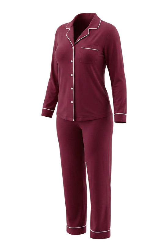 Chillpjs maroon satin silk pajama set with white piping, button-down shirt, and matching pants for comfortable lounging.