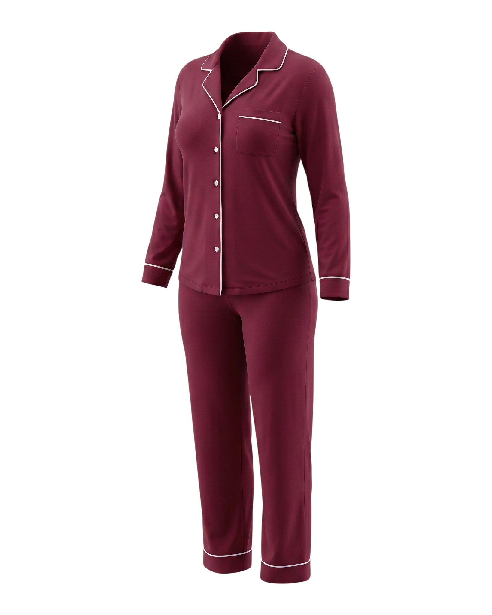 Chillpjs maroon satin silk pajama set with white piping, button-down shirt, and matching pants for comfortable lounging.