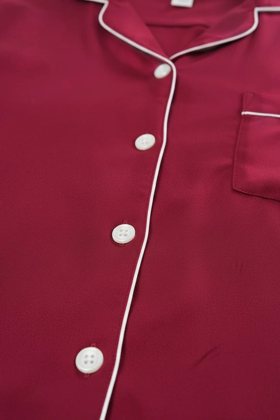 Chillpjs maroon faux silk button-down pajama shirt with white piping detail and chest pocket