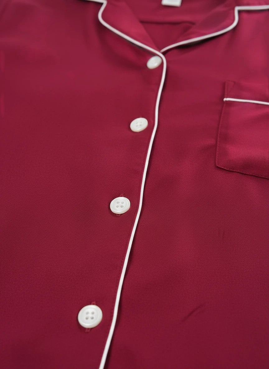 Chillpjs maroon faux silk button-down pajama shirt with white piping detail and chest pocket