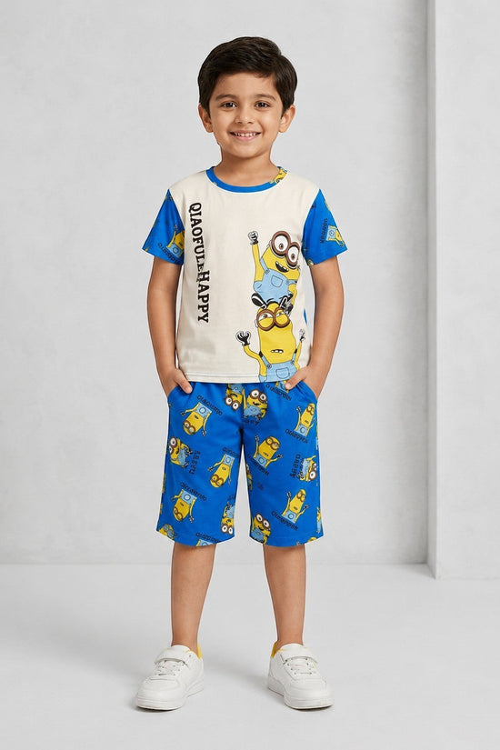 Chillpjs Minions cotton shorts night suit featuring a blue and cream graphic t-shirt and matching patterned shorts.