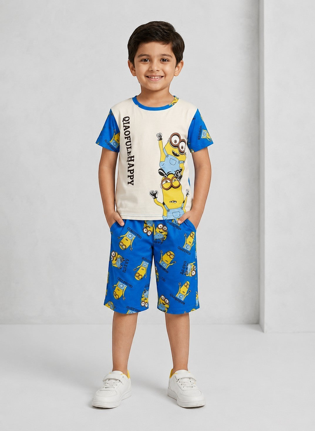 Chillpjs Minions cotton shorts night suit featuring a blue and cream graphic t-shirt and matching patterned shorts.