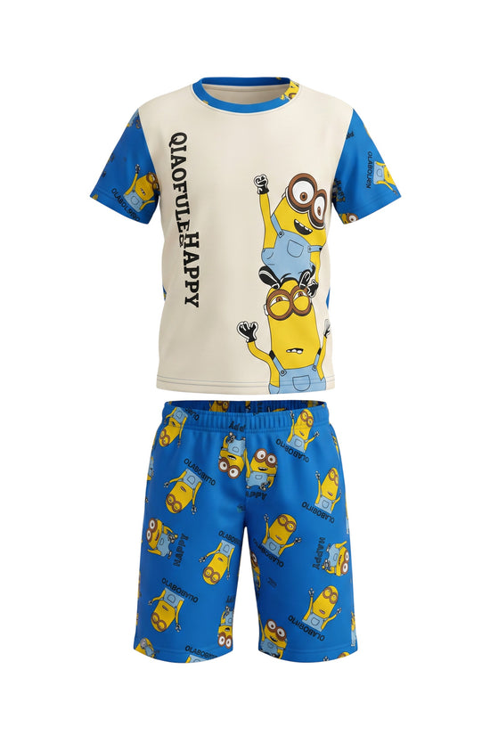 Chillpjs kids cotton shorts night suit featuring a fun yellow Minions cartoon print on a blue and cream background.