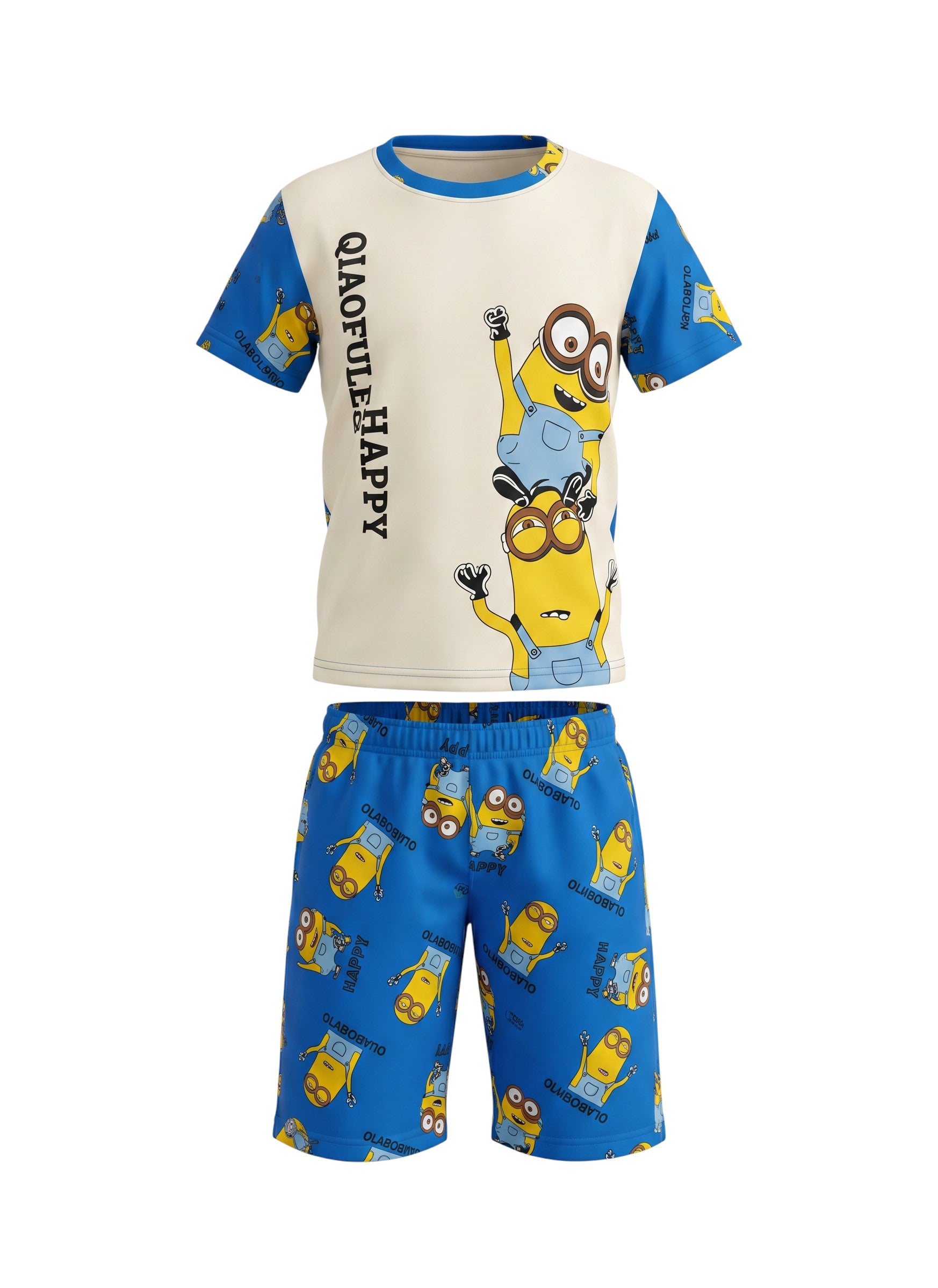 Chillpjs kids cotton shorts night suit featuring a fun yellow Minions cartoon print on a blue and cream background.