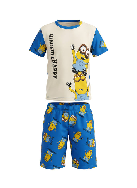 Chillpjs kids cotton shorts night suit featuring a fun yellow Minions cartoon print on a blue and cream background.