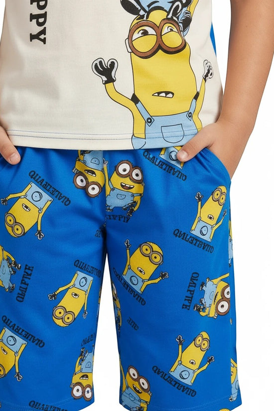 Chillpjs kids cotton shorts night suit featuring a fun blue Minions cartoon print and soft breathable fabric