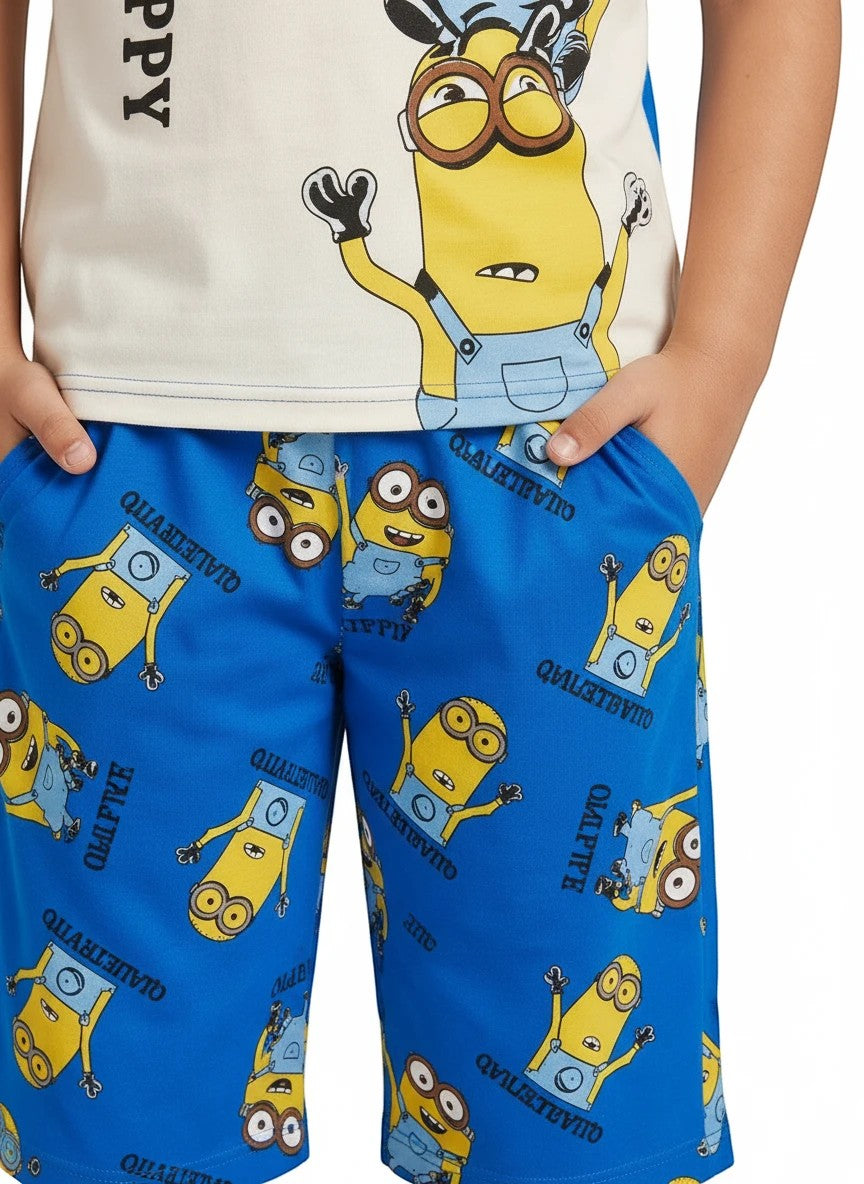 Chillpjs kids cotton shorts night suit featuring a fun blue Minions cartoon print and soft breathable fabric
