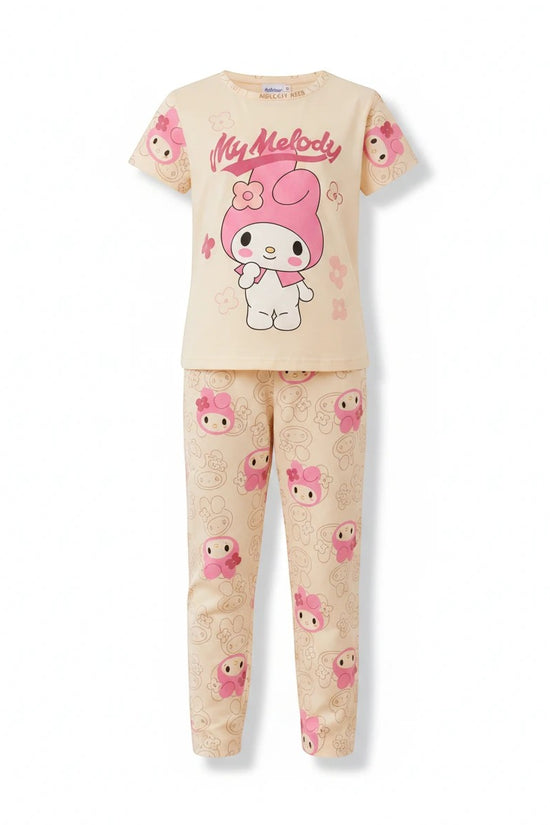 Chillpjs My Melody cotton night suit for girls featuring a cream short-sleeve top and matching character print trousers.