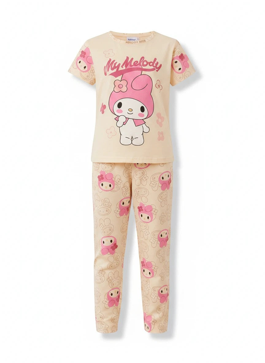 Chillpjs My Melody cotton night suit for girls featuring a cream short-sleeve top and matching character print trousers.