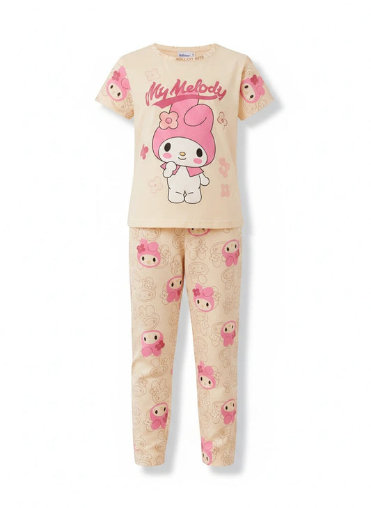 Chillpjs My Melody cotton night suit for girls featuring a cream short-sleeve top and matching character print trousers.
