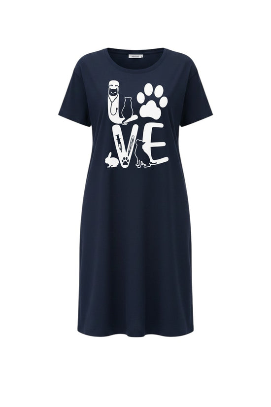 Chillpjs navy oversized t-shirt dress featuring a white graphic print of the word LOVE with animal silhouettes.