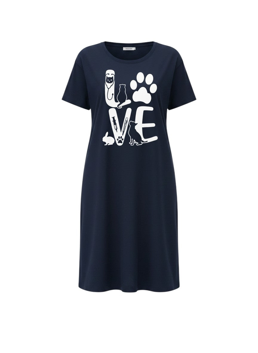 Chillpjs navy oversized t-shirt dress featuring a white graphic print of the word LOVE with animal silhouettes.