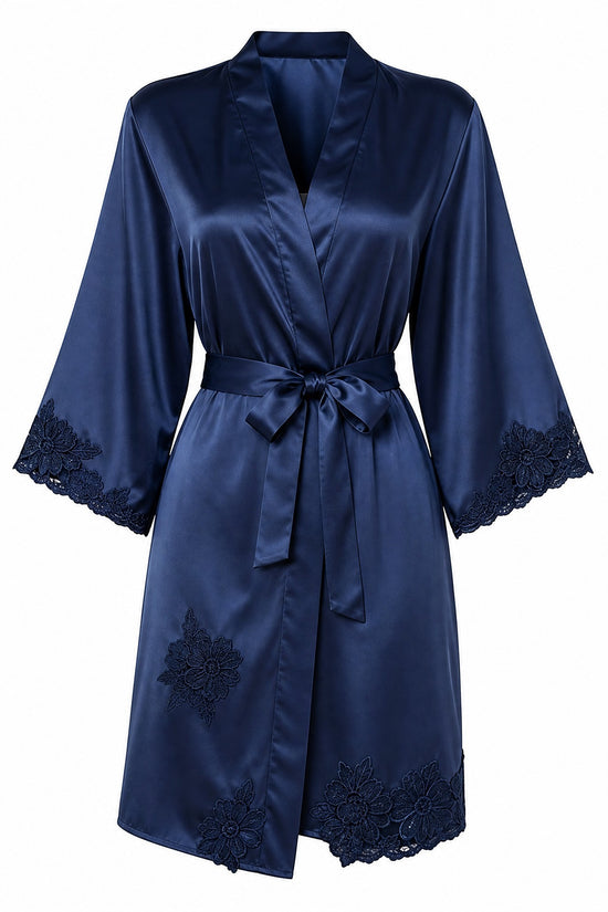 Chillpjs navy blue satin robe with delicate lace trim on cuffs and hem, featuring a tie-waist belt.