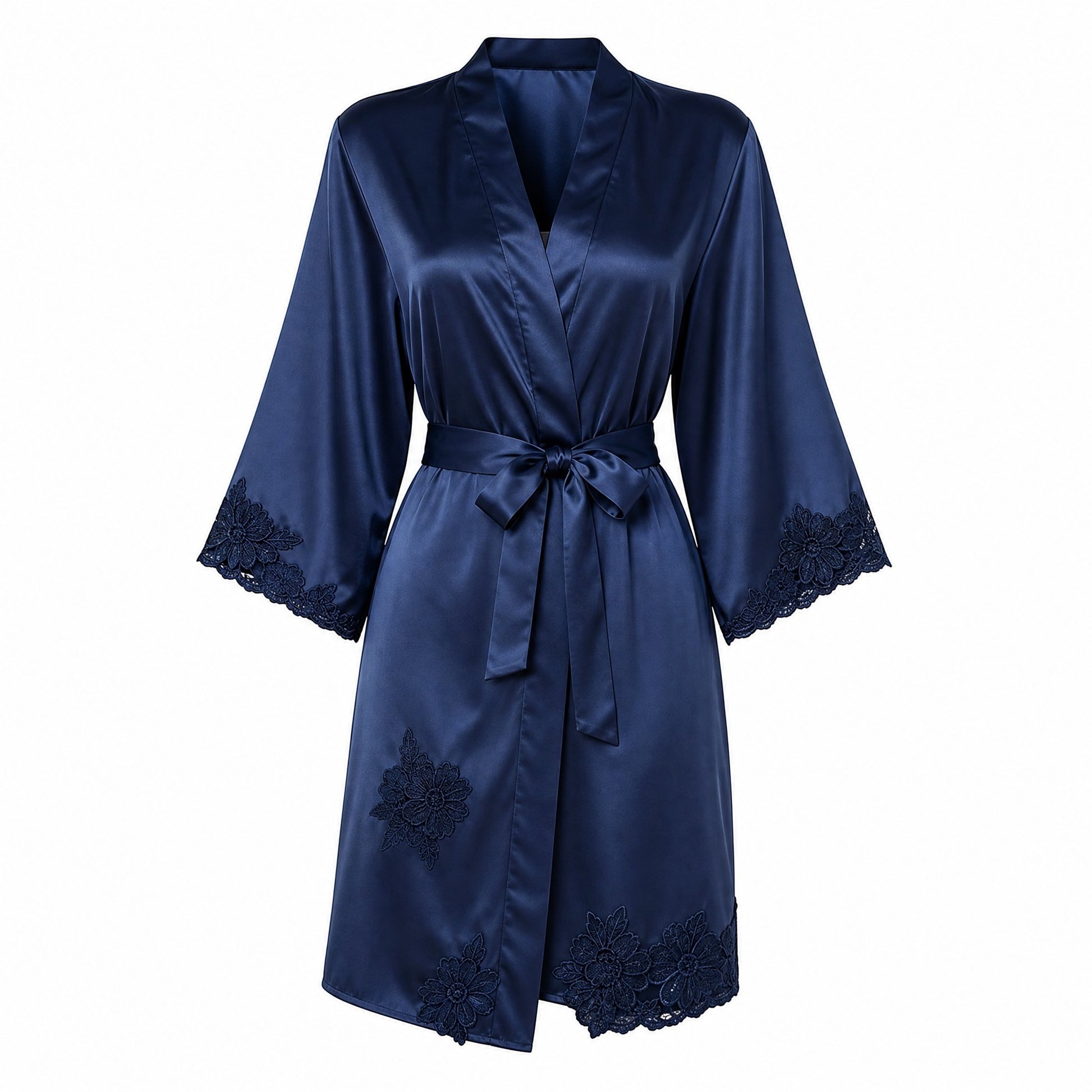 Chillpjs navy blue satin robe with delicate lace trim on cuffs and hem, featuring a tie-waist belt.