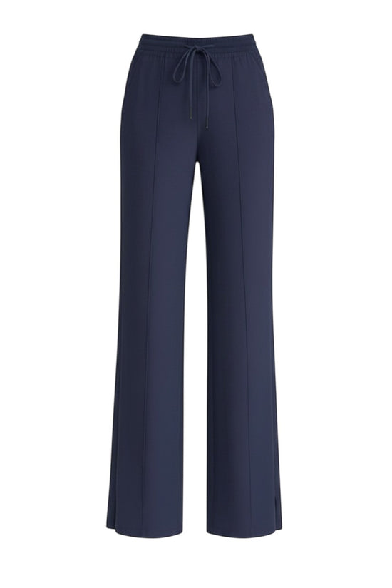 Chillpjs navy blue high-waisted wide-leg lounge pants with a drawstring waist, center seams, and side hem slits.