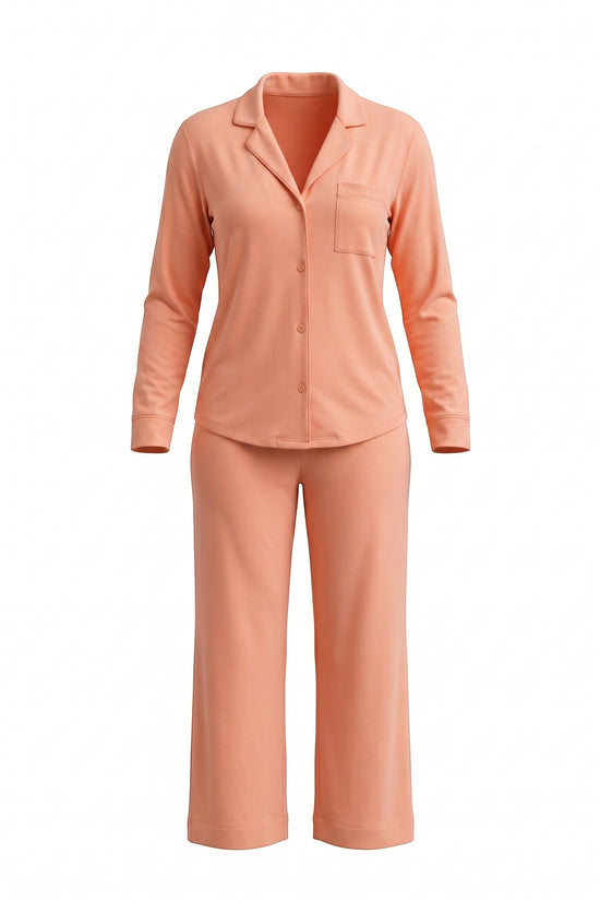 Chillpjs peach soft linen pajama set with long sleeves, notch lapel collar, and wide-leg trousers.
