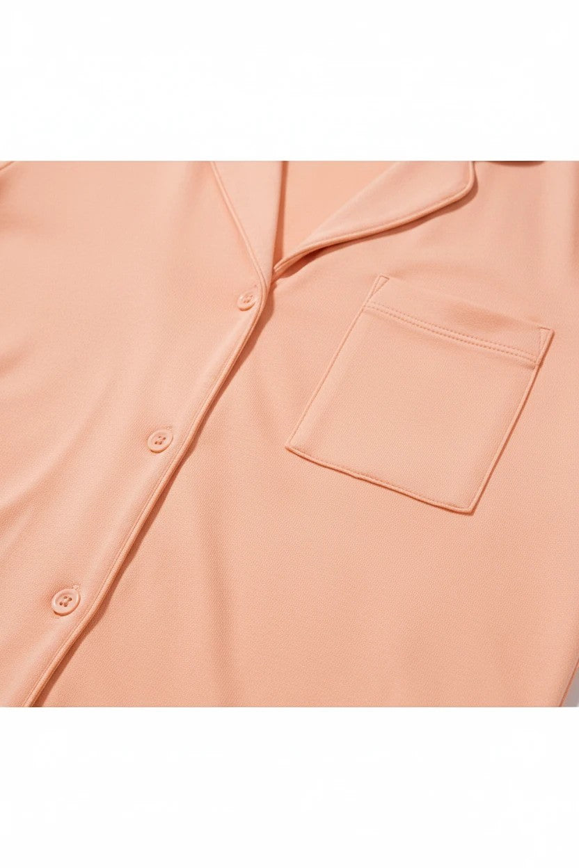 Chillpjs peach soft linen pajama shirt with a notch lapel collar, button-down front, and a chest pocket.