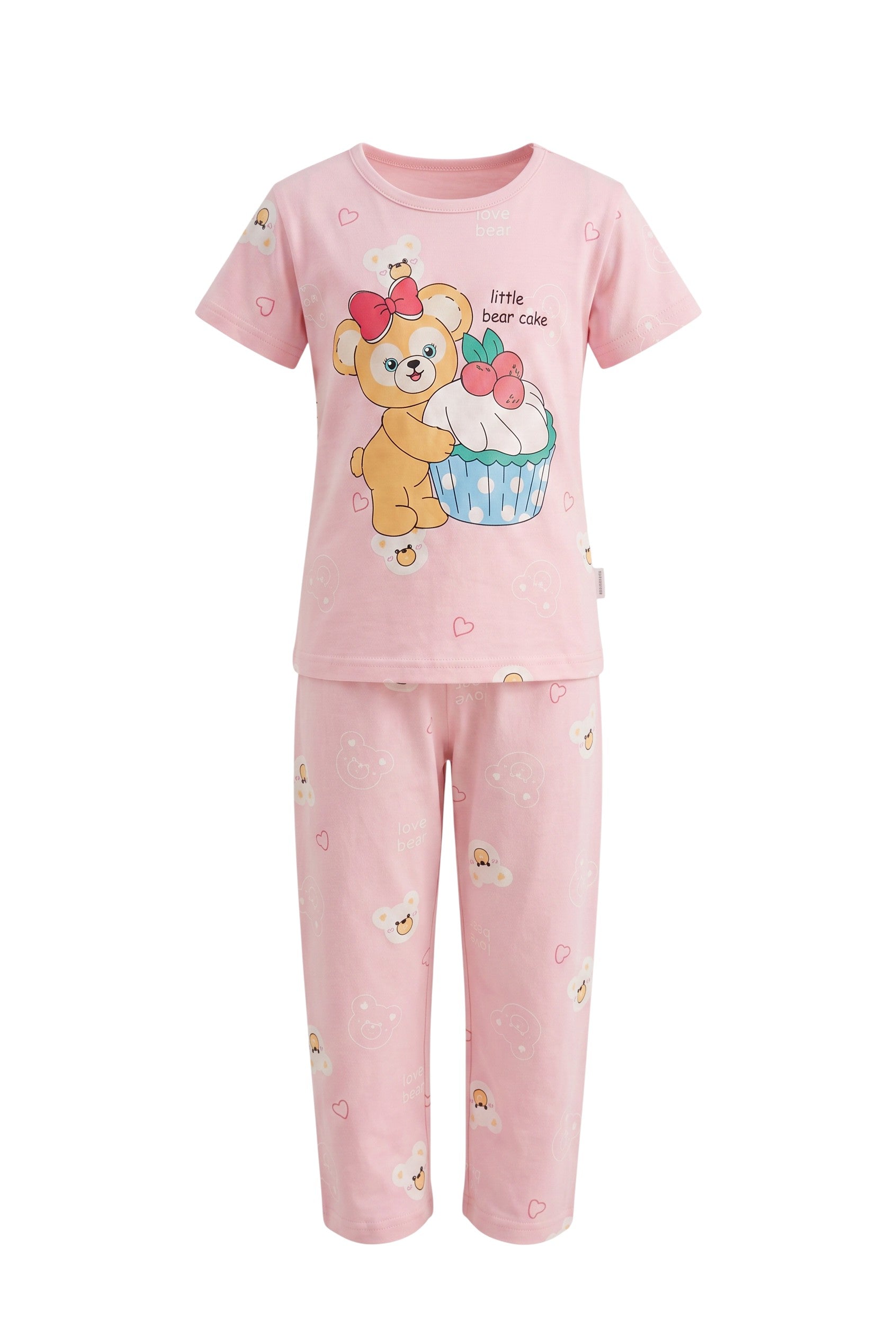 Chillpjs pink cotton night suit featuring a cute bear and cupcake print on the t-shirt and matching patterned trousers.
