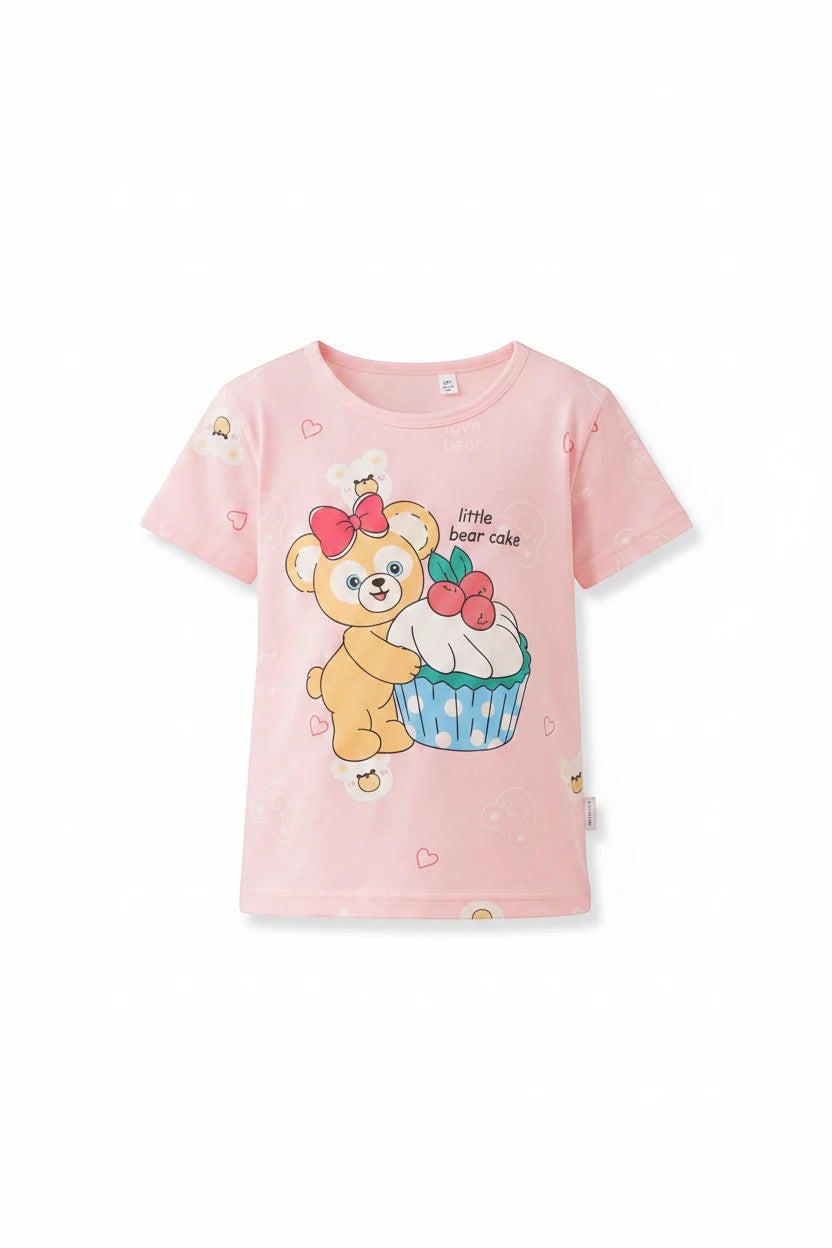 Chillpjs pink cotton t-shirt featuring a cute bear and cupcake print for girls