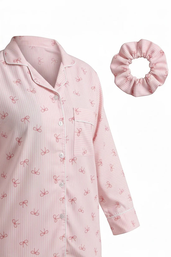 Chillpjs pink striped pajama top with bow print, lapel collar, button front, and matching hair scrunchie