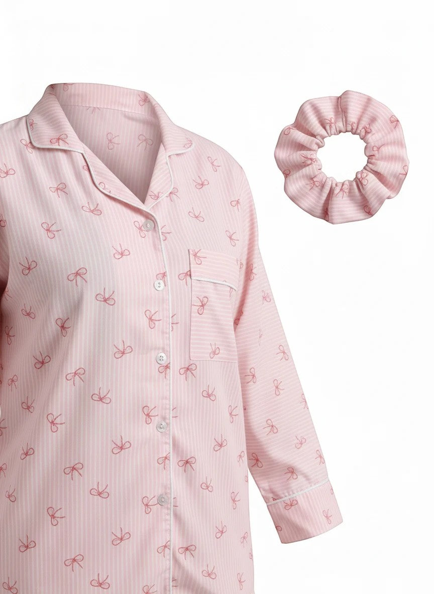Chillpjs pink striped pajama top with bow print, lapel collar, button front, and matching hair scrunchie