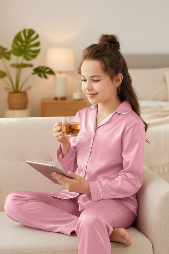 A girl wearing a Chillpjs pink satin button-down pajama set with white piping while relaxing on a sofa with a tablet.