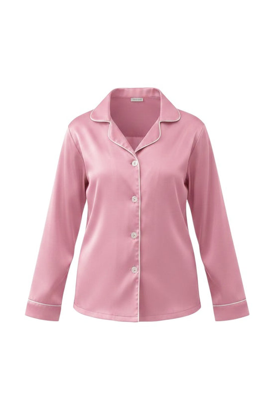 Chillpjs pink satin button-down pajama top with white contrast piping and a notched collar.