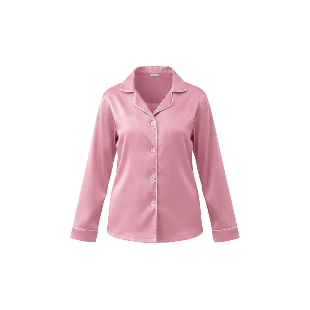 Chillpjs pink satin button-down pajama top with white contrast piping and a notched collar.