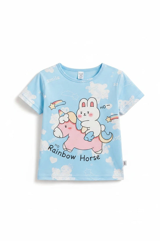 Chillpjs light blue cotton t-shirt featuring a cute bunny riding a rainbow horse print for kids