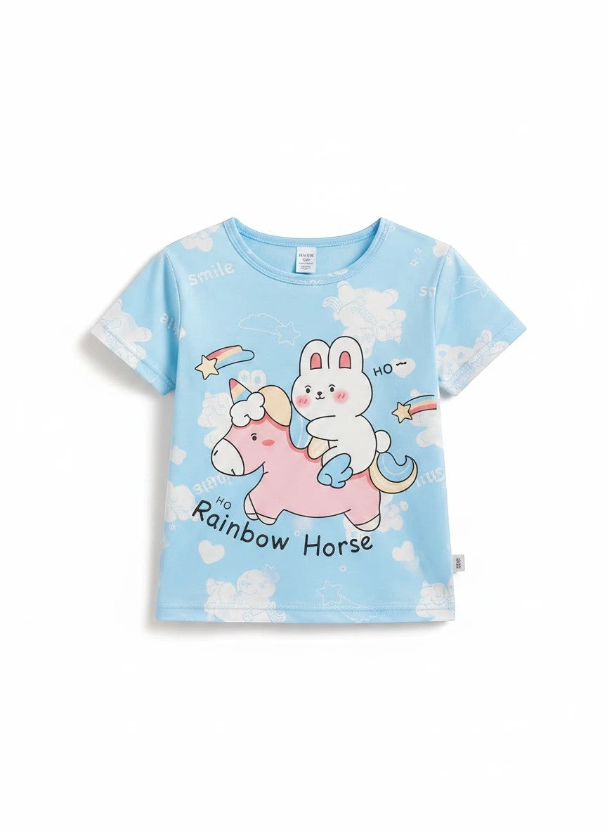 Chillpjs light blue cotton t-shirt featuring a cute bunny riding a rainbow horse print for kids