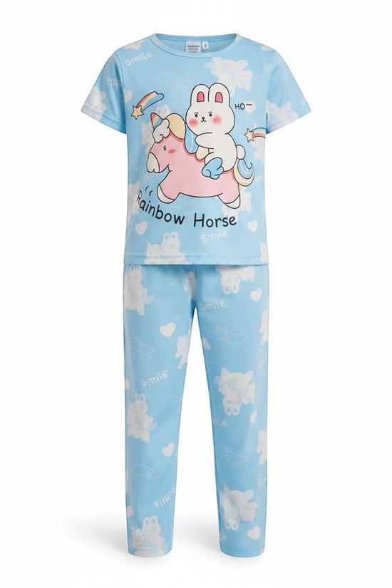 Chillpjs kids light blue cotton night suit featuring a cute bunny riding a rainbow horse print with matching trousers.