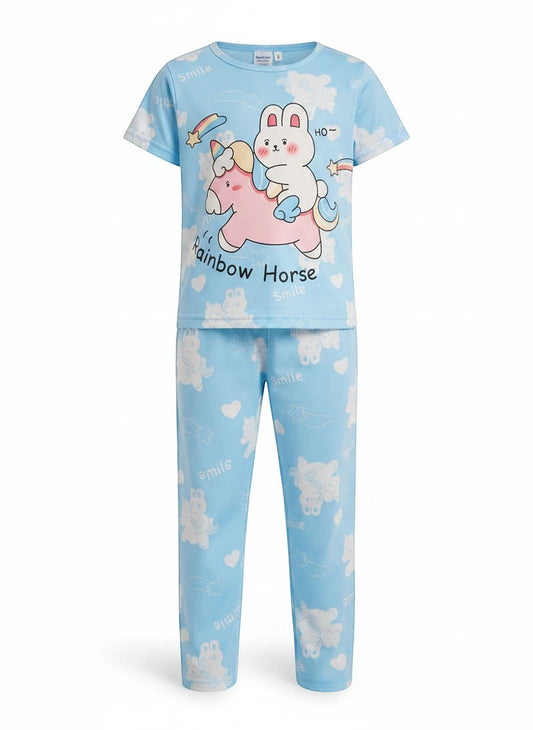 Chillpjs kids light blue cotton night suit featuring a cute bunny riding a rainbow horse print with matching trousers.
