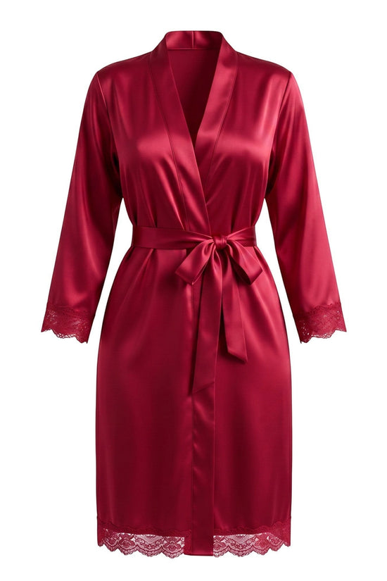 Chillpjs deep red satin robe featuring delicate lace trim on the cuffs and hem with a classic wrap-front tie waist.