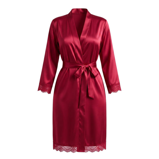 Chillpjs deep red satin robe featuring delicate lace trim on the cuffs and hem with a classic wrap-front tie waist.