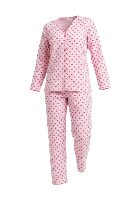 Chillpjs soft rose popcorn knit nightsuit with a button-down V-neck top and trousers featuring a pink heart print.