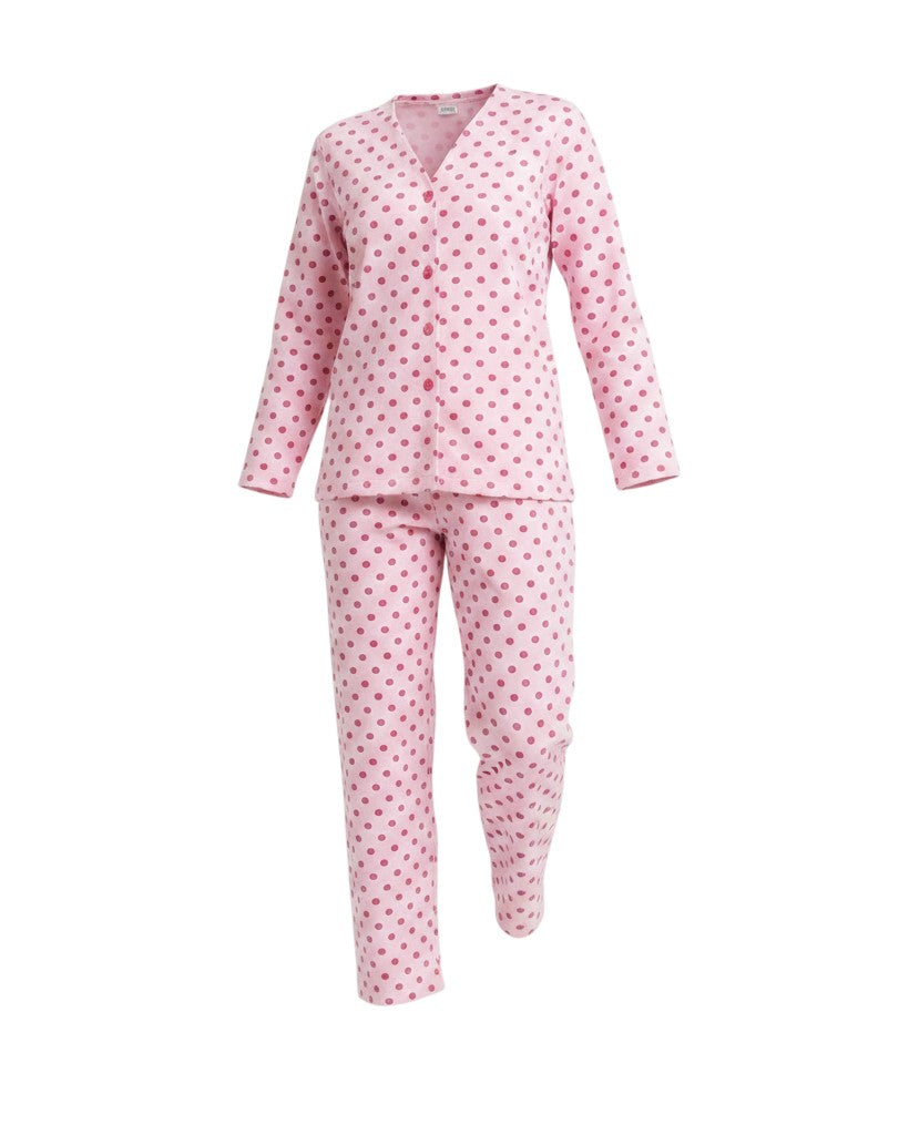 Chillpjs soft rose popcorn knit nightsuit with a button-down V-neck top and trousers featuring a pink heart print.