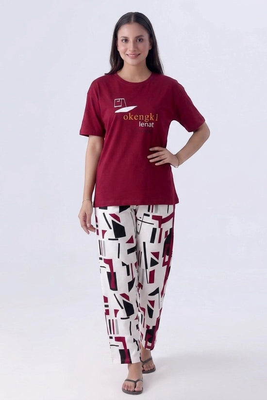 Chillpjs Ruby Comfort Nightwear set featuring a solid ruby red t-shirt and white geometric print pajama bottoms