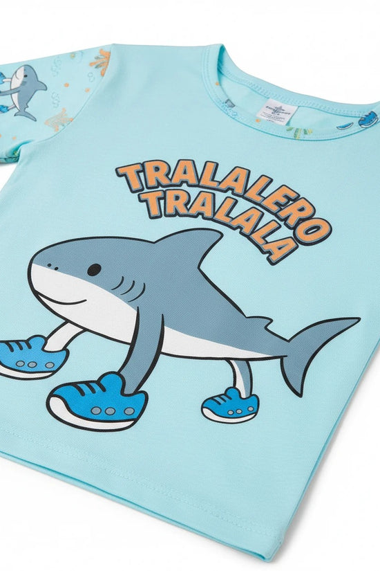 Chillpjs light blue cotton pajama top with a playful cartoon shark wearing sneakers and Tralalero text graphic