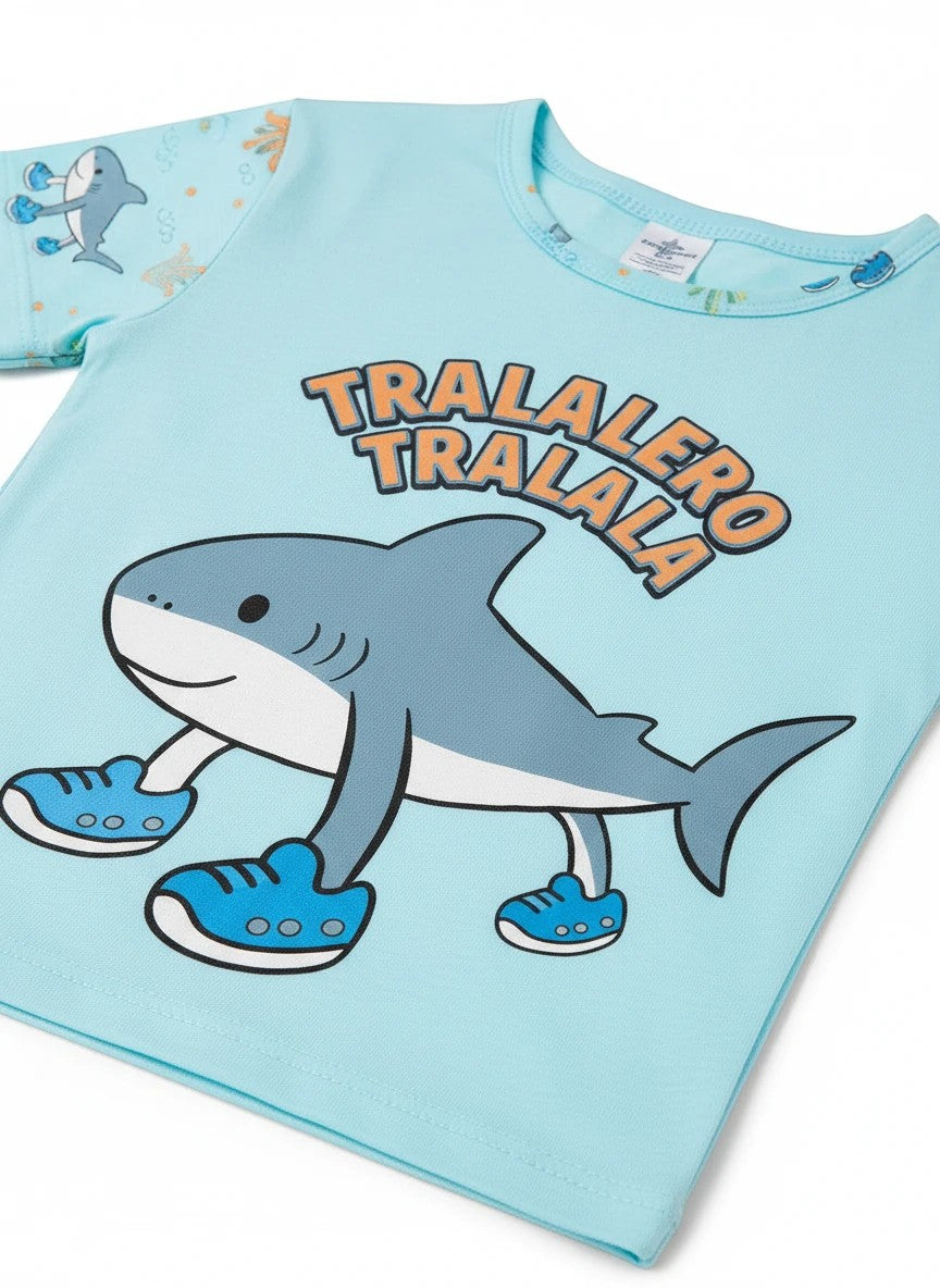 Chillpjs light blue cotton pajama top with a playful cartoon shark wearing sneakers and Tralalero text graphic