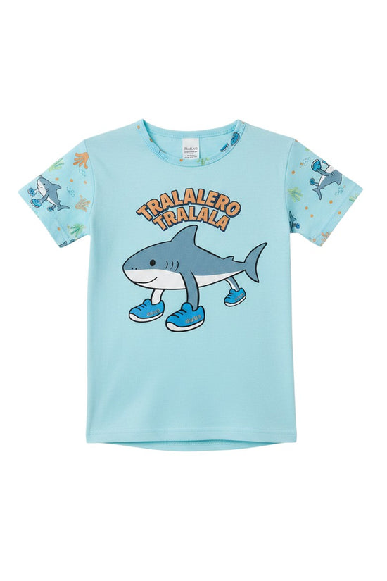 Chillpjs light blue cotton kids pajama t-shirt with a cartoon shark graphic and Tralalero Tralala text print.
