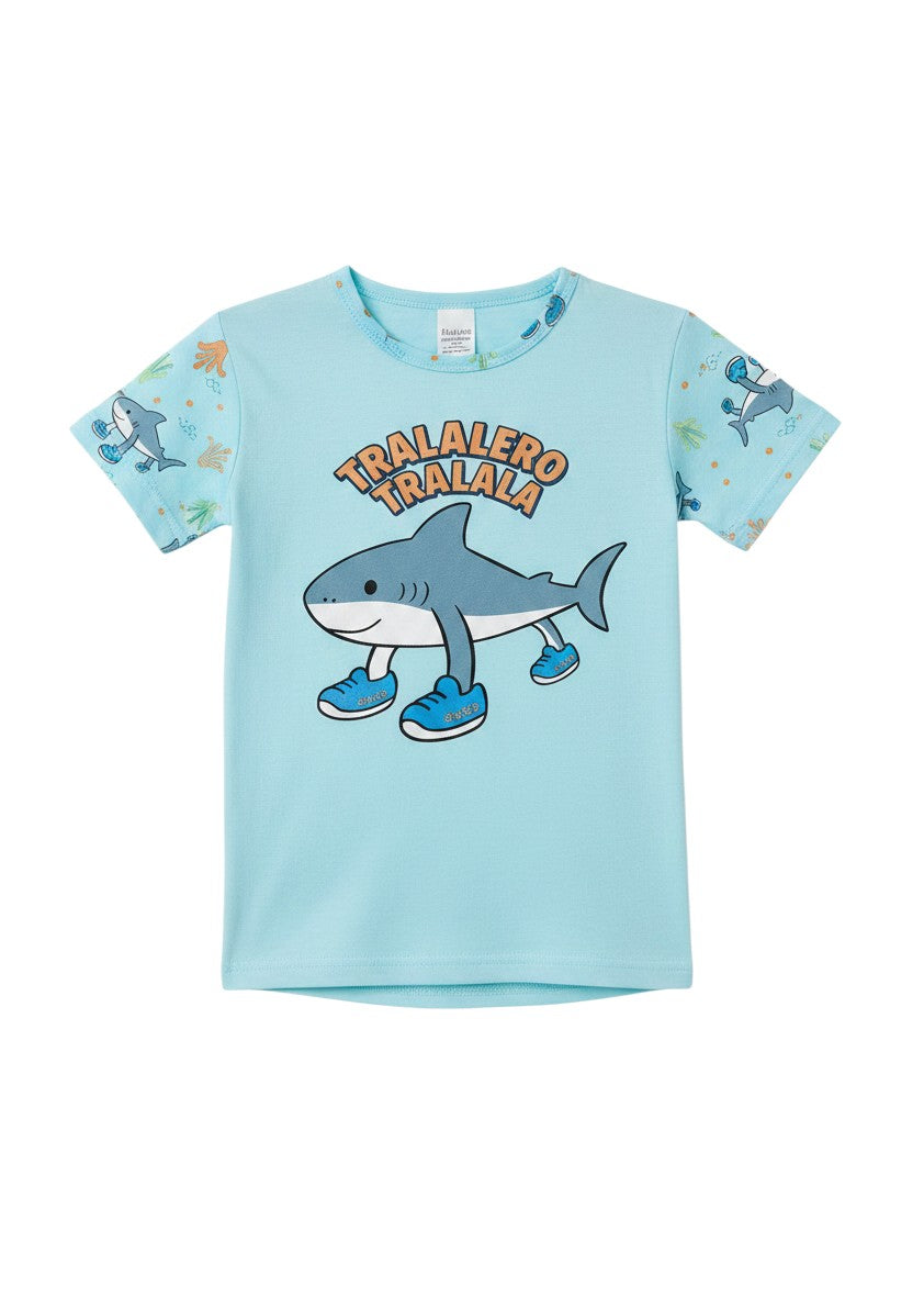 Chillpjs light blue cotton kids pajama t-shirt with a cartoon shark graphic and Tralalero Tralala text print.