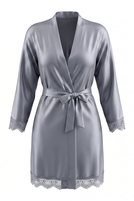 Chillpjs elegant silver satin robe featuring delicate lace trim on the cuffs and hem with a tie-waist belt.