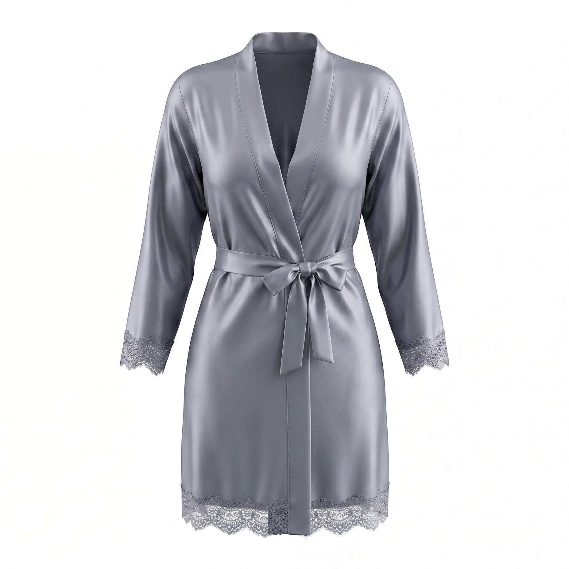 Chillpjs elegant silver satin robe featuring delicate lace trim on the cuffs and hem with a tie-waist belt.