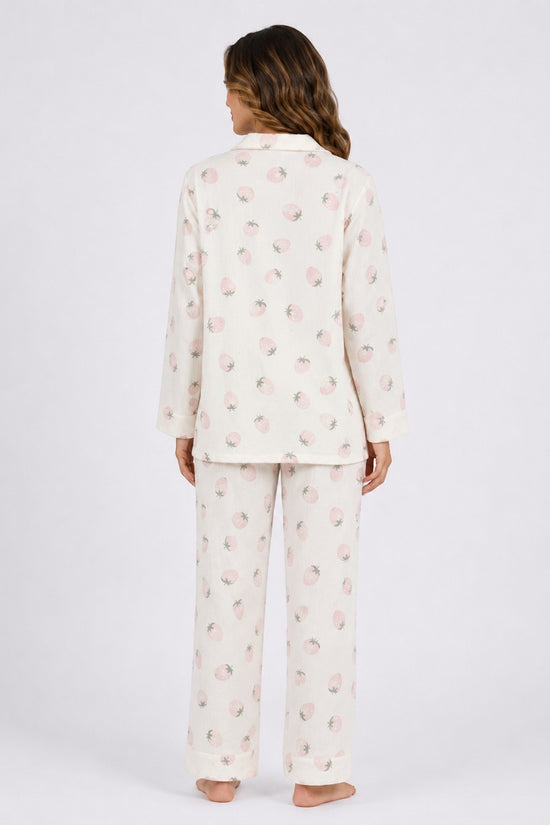 Back view of Chillpjs Berry Blush full-sleeve pajama set in cream with a pink strawberry print and popcorn texture.