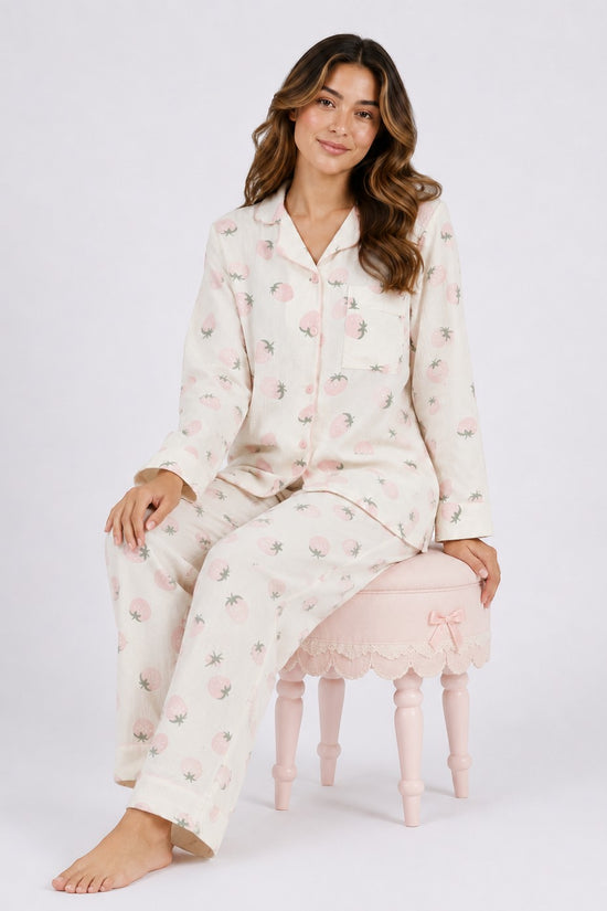 Chillpjs Berry Blush full-sleeve pajama set in cream with pink strawberry print and popcorn crinkle texture.