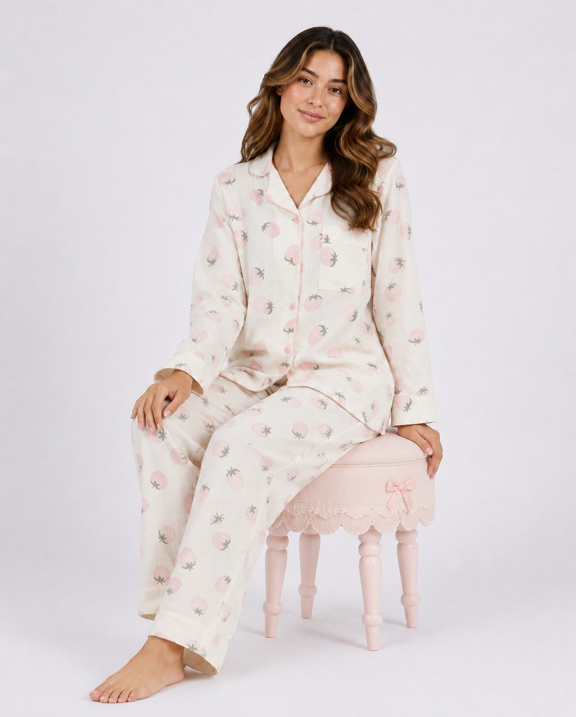Chillpjs Berry Blush full-sleeve pajama set in cream with pink strawberry print and popcorn crinkle texture.
