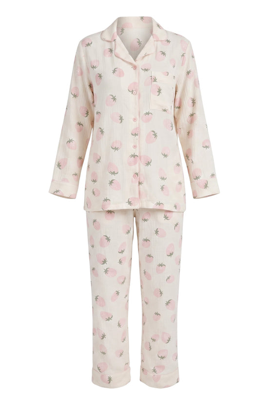 Chillpjs Berry Blush full-sleeve pajama set in cream popcorn crinkle fabric with a pink strawberry print.