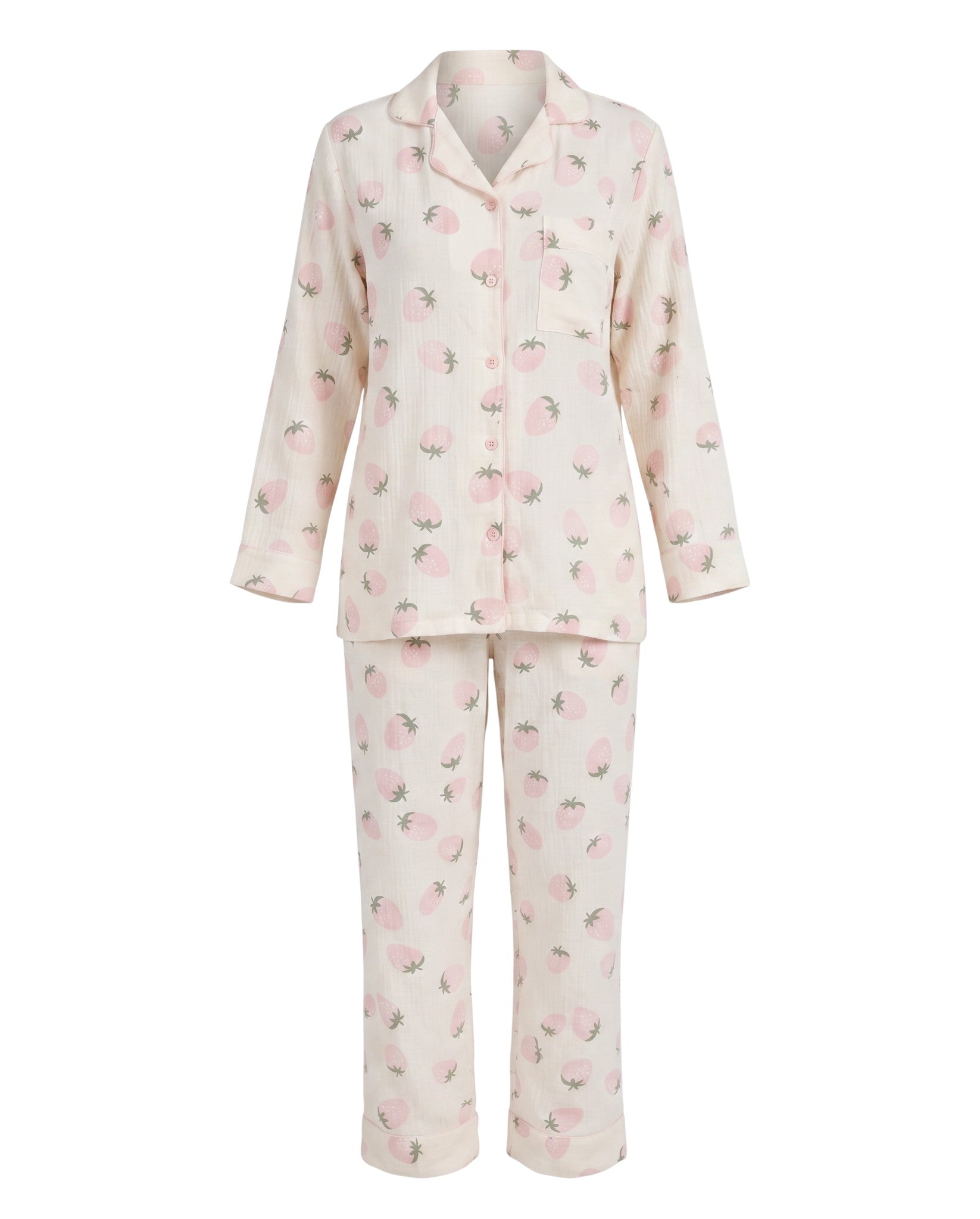 Chillpjs Berry Blush full-sleeve pajama set in cream popcorn crinkle fabric with a pink strawberry print.